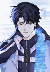  1boy 1other aegyo_sal black_eyes black_gloves black_hair black_shirt chest_belt commentary emosunfish english_commentary faceless gloves hand_on_own_face hologram jacket kim_dokja looking_at_another mini_person miniboy multicolored_jacket omniscient_reader&#039;s_viewpoint shirt short_hair silhouette striped_clothes striped_jacket two-tone_jacket upper_body yoo_joonghyuk 