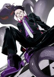  1boy arbok belt black-framed_eyewear black_belt black_jacket black_pants black_socks checkered_floor collared_shirt corbeau_(pokemon) dress_shoes erumi-on fangs forked_tongue glasses jacket lapels long_sleeves looking_at_viewer male_focus necktie open_clothes open_jacket pants pokemon pokemon_(creature) pokemon_legends:_z-a purple_shirt purple_shoes round_eyewear shirt shoes simple_background sitting smirk socks solo tassel teeth tongue tongue_out upper_teeth_only white_background white_necktie wing_collar 