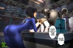  1girl ass black_eyes black_hair borrowed_character english fallout fallout_4 highres hizzacked jumpsuit pip_boy robot short_hair skin_tight 