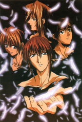  1990s_(style) 4boys absurdres black_background brown_hair collarbone feathers fujimiya_ran hidaka_ken highres kudou_youji long_hair looking_at_viewer magazine_scan male_focus multiple_boys non-web_source official_art orange_hair parted_lips red_hair retro_artstyle scan serious shirt tsukiyono_omi upper_body weiss_kreuz white_feathers 