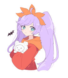  1girl ahoge ashley_(warioware) ashley_(warioware)_(cosplay) bat_(animal) blue_eyes closed_mouth cosplay cropped_torso dress hairband highres hood hood_down kuma_(pripara) long_hair long_sleeves looking_at_viewer manaka_laala nojima_minami orange_hairband pretty_series pripara purple_hair red_dress simple_background solo twintails upper_body warioware white_background 