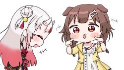  +++ 2girls :d ^_^ bell black_kimono blush_stickers bone_hair_ornament braid brown_eyes brown_hair cartoon_bone chibi choker closed_eyes commentary_request double_bun dress fang fingers_to_cheeks gradient_hair grey_hair hair_bell hair_bun hair_ornament highres hololive horns inugami_korone inugami_korone_(1st_costume) jacket japanese_clothes jingle_bell kimono long_hair low_twintails mochimiko multicolored_hair multiple_girls nakiri_ayame nakiri_ayame_(1st_costume) obi off_shoulder oni open_clothes open_jacket red_choker red_hair romaji_text sash simple_background smile streaked_hair tears twin_braids twintails two_side_up very_long_hair virtual_youtuber white_background white_dress yellow_jacket yubi_yubi_(inugami_korone) 