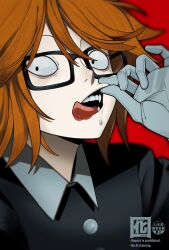  1boy absurdres black_eyes drooling fangs glasses gloves grey_gloves hand_up highres looking_at_viewer male_focus mouth_pull orange_hair otori_0 randal&#039;s_friends randal_ivory red_background saliva short_hair simple_background solo tongue tongue_out upper_body 