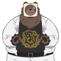  1boy animal_ears bear_boy bear_ears ben_bigger black_tank_top bread bread_slice brown_fur english_commentary fat food furry furry_male highres jacket looking_at_viewer male_focus pants pawpads plump scar scar_across_eye scar_on_face smile starbuchi tank_top white_background white_jacket white_pants zenless_zone_zero 