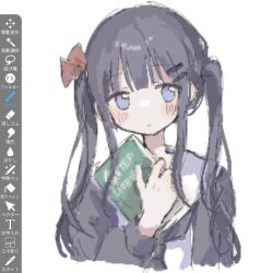  1girl art_program_in_frame black_hair black_shirt blunt_bangs blush book bow expressionless hair_bow head_tilt holding holding_book long_sidelocks original sailor_collar screenshot shirt sidelocks solo twintails violet_eyes white_sailor_collar yukitomo_(motcha111) 