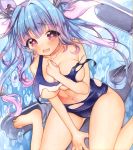  1girl barefoot blue_hair breasts highres i-19_(kantai_collection) kantai_collection long_hair mugicha0929 open_mouth red_eyes smile solo star star-shaped_pupils swimsuit symbol-shaped_pupils twintails 