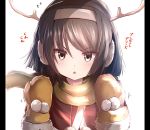  &gt;:o 1girl :o antlers blush brown_hair christmas commentary_request earmuffs fake_horns flying_sweatdrops gloves hair_ornament hairband kantai_collection looking_at_viewer mittens reindeer_antlers santa_costume scarf short_hair simple_background solo tai_(nazutai) tanikaze_(kantai_collection) translated upper_body white_background yellow_scarf 