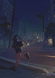  1girl akaneko_(redakanekocat) backpack bag black_hair black_shorts building cellphone city crosswalk dated facing_away green_shirt highres holding holding_phone night original outdoors phone ponytail power_lines road running sandals scenery shirt shorts sky smartphone solo star_(sky) starry_sky traffic_light tree 