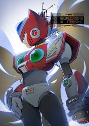  1boy arm_cannon armor blonde_hair blue_eyes chest_jewel cowboy_shot forehead_jewel helmet long_hair male_focus mega_man_(series) mega_man_x_(series) red_armor red_helmet solo to_i_to_io watermark weapon zero_(mega_man) 