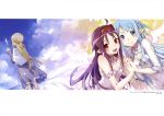  2girls abec absurdres ahoge asuna_(sao) asuna_(sao-alo) bandana blue_eyes blue_hair brown_hair dress feathers highres holding_hands long_hair looking_at_viewer multiple_girls open_mouth pointy_ears purple_hair red_eyes smile sword_art_online white_dress yuuki_(sao) 