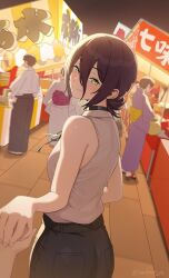  1boy 3others black_choker black_hair black_pants black_ribbon breasts chainsaw_man choker closed_mouth commentary english_commentary faceless faceless_male green_eyes highres holding_hands long_hair looking_at_viewer medium_breasts multiple_others night outdoors pantheon_eve pants pov red_sash reze_(chainsaw_man) ribbon sash shirt shirt_tucked_in sleeveless sleeveless_shirt smile solo_focus standing walking white_shirt yellow_sash 