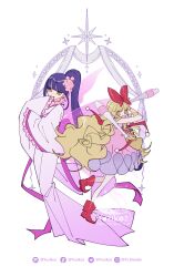  1boy 1girl absurdres blonde_hair blunt_bangs bow clown_drop dress facebook_username flower fujisaki_nadeshiko full_body hair_bow hair_flower hair_ornament high_ponytail highres holding japanese_clothes kimono long_hair mashiro_rima pink_dress pointy_shoes ponytail shugo_chara! sparkle twitter_username wide_sleeves yellow_eyes yuzikoz_mega 