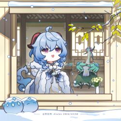  1girl absurdres alalen bird black_gloves blue_hair breasts chibi cloud_retainer_(genshin_impact) coat cup fur-trimmed_coat fur_trim ganyu_(genshin_impact) ganyu_(young)_(genshin_impact) genshin_impact gloves goat_horns goose highres holding holding_cup horns long_hair open_mouth slime_(genshin_impact) snow solo violet_eyes white_coat xianyun_(genshin_impact) 