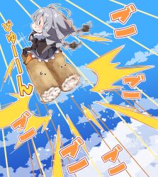  1girl :t absurdres black_dress black_shoes blue_sky braid chibi chibi_only closed_mouth clouds commentary_request day dress eating food food_request full_body grey_hair highres kizuna_akari long_hair milkpanda on_food orange_pantyhose outdoors outline pantyhose shoes sitting sky solo striped_clothes striped_pantyhose translation_request twin_braids vocaloid voiceroid white_outline |_| 