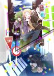  2boys 2girls age_comparison arinoyu blonde_hair cable child different_reflection digital_media_player dual_persona green_hair highres hoodie kagerou_project kano_shuuya kido_tsubomi long_hair mask multiple_boys multiple_girls reflection road_sign short_hair sign traffic_light 
