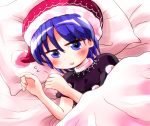  1girl :d blue_eyes blue_hair doremy_sweet hat highres lying nightcap on_bed open_mouth pillow rokugou_daisuke short_hair smile touhou under_covers 
