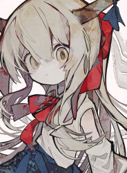  1girl absurdres bare_shoulders blonde_hair blue_skirt bow closed_mouth commentary detached_sleeves hair_between_eyes highres horn_ornament horn_ribbon horns ibuki_suika long_hair looking_at_viewer red_bow ribbon shirt skirt sleeveless sleeveless_shirt smile solo soresaki touhou white_background white_shirt yellow_eyes 