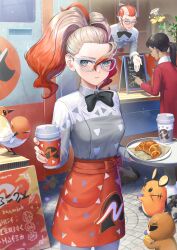  1boy 2girls apron aqua_eyes collared_shirt commentary_request croissant cup day dedenne disposable_cup flabebe fletchling food glasses griselle_(pokemon) grisham_(pokemon) hair_between_eyes highres holding holding_cup long_sleeves multicolored_hair multiple_girls nail_polish open_mouth orange_apron outdoors pi_(p77777778) pokemon pokemon_(creature) pokemon_legends:_z-a ponytail shirt tray triangle_print waist_apron waitress 