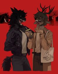  1boy 1girl antlers black_hair black_jacket blonde_hair brown_coat bubble_tea coat commentary cowboy_shot cropped_legs cup deer_boy drink ear_piercing furry furry_female furry_male grey_background hand_in_pocket highres holding holding_cup horns horse_girl jacket knifedragon looking_at_viewer medium_hair open_mouth original piercing red_eyes reference_inset sharp_teeth short_hair simple_background solid_eyes tail teeth 
