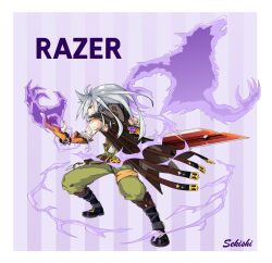  1boy absurdres artist_name black_boots boots border brown_coat clenched_teeth coat commentary_request energy full_body genshin_impact gloves green_pants grey_hair hair_over_one_eye highres long_hair male_focus one_eye_covered orange_gloves pants parted_bangs purple_background razor_(genshin_impact) red_eyes scar scar_on_arm scar_on_face sekishi sleeveless sleeveless_coat solo teeth vision_(genshin_impact) white_border 