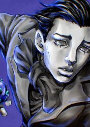  1boy absurdres araki_hirohiko_(style) ball blue_background bow bowtie commentary_request greyscale_with_colored_background hatching_(texture) highres holding holding_ball jacket jojo_no_kimyou_na_bouken kaib0y male_focus parted_lips solo steel_ball_(jojo) steel_ball_run suit_jacket wekapipo&#039;s_brother-in-law 