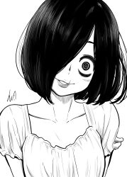  1girl absurdres alternate_hair_length alternate_hairstyle breasts commentary crazy_eyes english_commentary head_tilt highres lughost medium_hair parted_lips scar scar_on_cheek scar_on_face scar_on_mouth signature small_breasts smile solo the_ring upper_body yamamura_sadako 