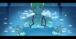  1boy blonde_hair body_markings chainsaw_man cross_akiha earrings fate/grand_order fate/stay_night fate_(series) gilgamesh_(fate) i'll_teach_you_everything_(chainsaw_man) jewelry light_reflection_(water) male_focus movie_reference open_mouth parody partially_submerged pool red_eyes scene_reference short_hair smile solo topless_male water wet wet_hair 