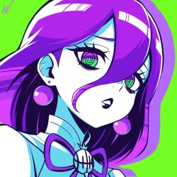  1girl @_@ absurdres commentary earrings green_background green_eyes hair_between_eyes hex_maniac_(pokemon) hex_maniac_(pokemon_legends:_z-a) highres jewelry limited_palette lughost multicolored_eyes parted_lips pokemon pokemon_legends:_z-a portrait profile purple_hair purple_lips solo two-tone_eyes violet_eyes 