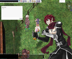  1boy armor assassin_cross_(ragnarok_online) black_cape black_gloves black_pants black_shirt cape clenched_hands commentary_request constricted_pupils cowboy_shot game_screenshot_background gloves green_eyes hair_between_eyes holding holding_paper male_focus pants paper pauldrons poring ragnarok_online red_hair red_scarf scarf screenshot_background shirt short_hair shoulder_armor solo toriria translation_request vambraces waist_cape 