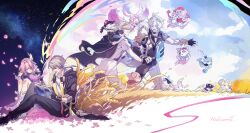  1girl 2boys absurdres aglaea_(honkai:_star_rail) anaxa_(honkai:_star_rail) animal animal_in_clothes animal_on_shoulder animalization antenna_hair armor black_cape black_choker black_gloves black_jacket black_pants black_shirt black_shoes book bug butterfly caelus_(honkai:_star_rail) cape castorice_(honkai:_star_rail) cerydra_(honkai:_star_rail) chimera_(honkai:_star_rail) chinese_commentary choker cipher_(honkai:_star_rail) closed_eyes closed_mouth coat commentary_request cyrene_(aedes_elysiae)_(honkai:_star_rail) cyrene_(honkai:_star_rail) dan_heng_(honkai:_star_rail) dan_heng_(permansor_terrae)_(honkai:_star_rail) english_text evernight_(honkai:_star_rail) falling_petals fingerless_gloves gloves grey_hair grey_pants grey_shirt hair_between_eyes hand_on_own_arm highres holding holding_book holding_hands holding_pen honkai:_star_rail honkai_(series) hood hooded_jacket hyacine_(honkai:_star_rail) hysilens_(honkai:_star_rail) jacket knees_up laurel_crown long_sleeves lower_teeth_only march_7th_(honkai:_star_rail) mem_(honkai:_star_rail) multiple_boys mydei_(honkai:_star_rail) off_shoulder open_book open_clothes open_jacket open_mouth outdoors outstretched_arm pants parted_bangs pen petals phainon_(honkai:_star_rail) pink_hair purple_butterfly purple_jacket rongyuan_gulu sandals shirt shoes short_hair short_sleeves shoulder_armor single_fingerless_glove sitting smile teeth thigh_strap three-quarter_sleeves trailblazer_(honkai:_star_rail) trianne_(honkai:_star_rail) tribbie_(honkai:_star_rail) trinnon_(honkai:_star_rail) wheat_field white_coat white_hair white_sandals white_shirt writing 