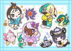  5girls all_fours aqua_hair ascot bandeau belt black_belt black_dress black_hair black_mask black_pants black_romper blonde_hair blue_eyes blue_gloves blue_hoodie blue_pants blue_sclera blunt_bangs blush bob_cut braid braided_ponytail breasts canari_(pokemon) chandelier chandelure chibi chibi_only chikolett clefable closed_mouth coat colored_sclera colored_skin cube_hair_ornament dark-skinned_female dark_skin dress earclip eelektross fairy_wings fascinator fire fishnet_pantyhose fishnets frilled_ascot frills gem ghost glove_bow gloves gradient_hair green_hair grey_eyes gwynn_(pokemon) hair_ornament hat heart hiding hiding_behind_another highres hood hood_down hoodie jacinthe_(pokemon) jacket juliet_sleeves lebanne_(pokemon) leggings lida_(pokemon) lightning_bolt_symbol long_hair long_legs long_sleeves looking_at_viewer low_drills maid maid_headdress mask mega_clefable mega_pokemon mega_ring mega_starmie mega_stone mouth_mask multicolored_hair multiple_girls one_eye_closed open_mouth orange_leggings pants pantyhose pokemon pokemon_(creature) pokemon_legends:_z-a puffy_sleeves purple_dress purple_hair purple_skin red_gemstone ribbed_socks romper shirt short_hair short_twintails smile socks split-color_hair star_(symbol) starfish starmie staryu topknot twintails two-tone_hair two-tone_legwear two-tone_mask two-tone_pants v very_dark_skin violet_eyes white_coat white_gloves white_leggings white_socks wings wispy_bangs yellow_bandeau yellow_eyes yellow_jacket yellow_mask yellow_sclera 