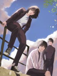  1girl 2boys :d :| ;) black_hair black_jacket black_shirt black_shorts blunt_bangs branch closed_mouth clouds cloudy_sky day emosunfish falling_petals from_below full_body han_sooyoung hands_in_pockets hands_on_lap highres jacket kim_dokja knee_up lollipop_in_mouth looking_at_viewer multiple_boys omniscient_reader&#039;s_viewpoint on_railing one_eye_closed open_clothes open_jacket outdoors petals railing shirt shoes short_hair shorts sitting sky smile sneakers white_jacket white_shirt wind yoo_joonghyuk 