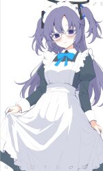  1girl alternate_costume apron art_program_in_frame bespectacled black_dress black_halo blue_archive blue_bow blue_bowtie blush bow bowtie closed_mouth collared_dress commentary dress enmaided eyelashes feet_out_of_frame frilled_apron frills glasses hair_between_eyes hair_ornament halo highres ibispaint_(medium) juliet_sleeves long_hair long_sleeves looking_at_viewer maid maid_apron maid_headdress mechanical_halo puffy_sleeves purple_hair red_pupils round_eyewear sidelocks simple_background skirt_hold smile solo standing triangle_hair_ornament two_side_up very_long_hair violet_eyes wa_sumi white_apron white_background yuuka_(blue_archive) 