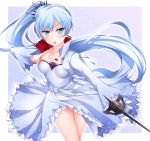  blue_eyes blush dress long_hair rwby side_ponytail sword warrior weiss_schnee white_hair 