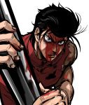  1boy baseball_bat black_hair blood holding_weapon injury kinzoku_bat looking_at_viewer male_focus onepunch_man pompadour simple_background sleeveless solo torn_clothes turtleneck upper_body white_background you_(wsynkk) 