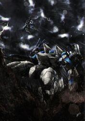  blurry bokeh chromatic_aberration commentary debris depth_of_field deviantart_username dirt email_address english_commentary fallen_down flying gloomflower hentai-foundry_username highres lightning mecha mecha_focus no_humans patreon_username power_dolls power_loader_(power_dolls) rain robot science_fiction signature storm thunderstorm twitter_username 