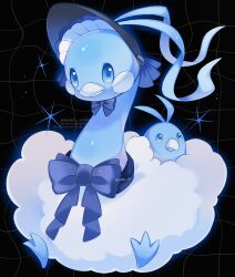  altaria animal_focus beak bird black_bonnet blue_bow bonnet bow closed_mouth dragon evolutionary_line feathers fluffy highres iwasi_29 no_humans pokemon pokemon_(creature) pokemon_focus star_(symbol) swablu white_feathers wings 