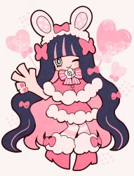  1girl animal_ears blue_hair blush bow bowtie candy colored_inner_hair dress food fur-trimmed_dress fur-trimmed_shoes fur_trim heart heart-shaped_food heart-shaped_lollipop lollipop long_hair multicolored_hair one_eye_closed panty_&amp;_stocking_with_garterbelt pink_bow pink_bowtie pink_dress pink_nails pink_shoes pink_streaks rabbit_ears shaped_lollipop shoes smile stocking_(psg) striped_bow striped_bowtie striped_clothes striped_thighhighs thigh-highs tukinoyoru336 w white_background 