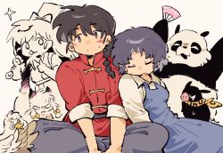  1boy 2girls animal bandana bird black_hair blue_hair blush bow braid braided_ponytail cat chinese_clothes closed_eyes duck fuurinkan_high_school_uniform glasses hair_bow holding holding_spatula kuonji_ukyou mousse_(duck)_(ranma_1/2) multiple_girls open_mouth p-chan panda pig ranma_1/2 saotome_genma_(panda) saotome_ranma school_uniform shampoo_(cat) short_hair simple_background spatula tangzhuang tendou_akane tongue tongue_out unagicaaaaat white_background yellow_bandana 
