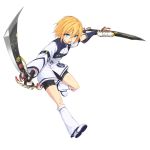  1girl bike_shorts black_gloves blonde_hair blue_eyes commentary_request dual_wielding fingerless_gloves flat_chest full_body gloves highres looking_at_viewer open_mouth original phantasy_star phantasy_star_online_2 ryou@ryou short_hair simple_background solo sword tsurime weapon white_background 