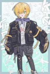  1boy absurdres arm_belt belt black_belt black_jacket black_leggings black_shorts blonde_hair blue_hood blush boots caution character_name clothes_writing drawstring drop_shadow feet_out_of_frame green_background green_eyes hair_intakes hair_ornament hair_over_one_eye hairclip highres hood hood_down hoodie jacket lace-up_boots lapels leggings looking_at_viewer loose_belt male_focus mitei_3 nijisanji no_headwear notched_lapels open_belt open_clothes open_jacket open_mouth pocket print_hoodie shoelaces short_hair shorts sleeves_past_fingers sleeves_past_wrists solo standing text_background torn_clothes torn_leggings unzipped uzuki_kou uzuki_kou_(5th_costume) virtual_youtuber wallet_chain white_boots white_hoodie wolf_cut yellow_belt yellow_trim zipper 