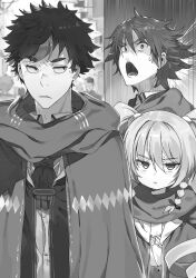  1boy 2boys :&lt; ^^^ alicia_vladia_sarkista ascot bow bowtie braid breasts buta_koushaku chestnut_mouth cloak closed_mouth collared_shirt greyscale hair_between_eyes hair_ornament hair_scrunchie height_difference jitome lips long_hair long_sleeves looking_to_the_side monochrome multiple_boys nauribon novel_illustration official_art open_clothes open_mouth open_robe people robe scarf school_uniform scrunchie shirt short_hair shuya_nyukern side_braids silhouette slow_denning standing surprised sweat thick_eyebrows third-party_source v-shaped_eyebrows very_long_hair wide-eyed wide_sleeves wince 