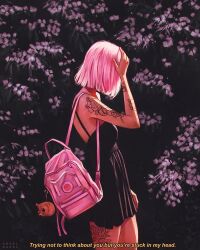  1girl angel_ganev animal_charm arm_at_side arm_tattoo arm_up artist_name backpack bag bare_arms bare_shoulders black_dress blunt_ends bob_cut breasts charm_(object) chromatic_aberration commentary covered_face cowboy_shot dress english_commentary english_text floral_background flower flower_tattoo from_side hand_on_own_forehead highres original outdoors pink_bag pink_hair pleated_dress purple_flower short_dress short_hair sidelighting sleeveless sleeveless_dress small_breasts solo standing subtitled tattoo 