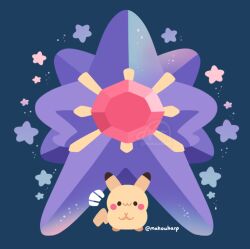  :3 chibi closed_mouth colored_skin full_body gem long_legs looking_at_viewer mahoukarp mega_pokemon mega_starmie no_humans pikachi pokemon pokemon_(creature) pokemon_focus pokemon_legends:_z-a purple_skin red_gemstone smile star_(symbol) starfish starmie 