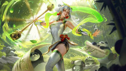  1girl armpits bamboo bamboo_forest breasts china_dress chinese_clothes chinese_knot clothing_cutout dress flower_knot forest green_eyes hair_ornament highres league_of_legends lux_(league_of_legends) motion_blur motion_lines nature official_art outstretched_arms panda red_rope rope second-party_source skirt sleeveless sleeveless_dress smile solo spinning spinning_weapon staff thigh-highs white_hair white_thighhighs zettai_ryouiki 