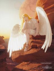  1boy absurdres angel_wings artist_logo artist_name blonde_hair blood_angels brown_sandals clear_sky commentary day english_commentary english_text feathered_wings full_moon highres logo long_hair moon no_armor outdoors primarch sandals sanguinius sky solo tunic usfr warhammer_40k white_tunic white_wings wings yellow_eyes 