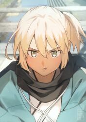  1girl :t black_scarf blonde_hair blue_haori blurry blurry_background closed_mouth day depth_of_field fate/grand_order fate_(series) grey_eyes hair_between_eyes haori japanese_clothes kimono light_particles looking_at_viewer okita_souji_(fate) okita_souji_(teal_haori_and_hakama)_(fate) outdoors ponytail pout scarf shinsengumi short_ponytail solo straight-on teria_(teriarian) upper_body white_kimono 