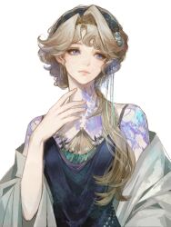  1girl bare_shoulders beryl_bouanich blonde_hair blue_dress blue_eyes closed_mouth crystallization dress evening_gown hairband hand_up highres long_hair looking_to_the_side low_ponytail ponytail reverse:1999 shawl siox_(337181412) sleeveless sleeveless_dress solo spaghetti_strap upper_body white_background white_shawl 