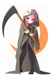 1girl alternate_costume black_bodystocking black_cloak cloak commentary cosplay crescent_moon death_(entity) full_body furrowed_brow grim_reaper grim_reaper_(cosplay) highres holding holding_scythe invisible_floor keibi_inu looking_at_viewer moon purple_hair pursed_lips scythe solo standing sugiura_ayano tareme violet_eyes white_background yuruyuri 