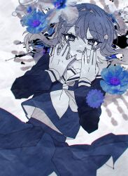  1girl absurdres blue_flower character_request check_character commentary_request danjou_sora fingerless_gloves flower gloves gumi hair_between_eyes hair_intakes handprint hands_up highres long_hair looking_at_viewer monochrome neckerchief parted_lips pleated_skirt purple_flower sailor_collar school_uniform serafuku shirt skirt solo tears vocaloid white_flower 